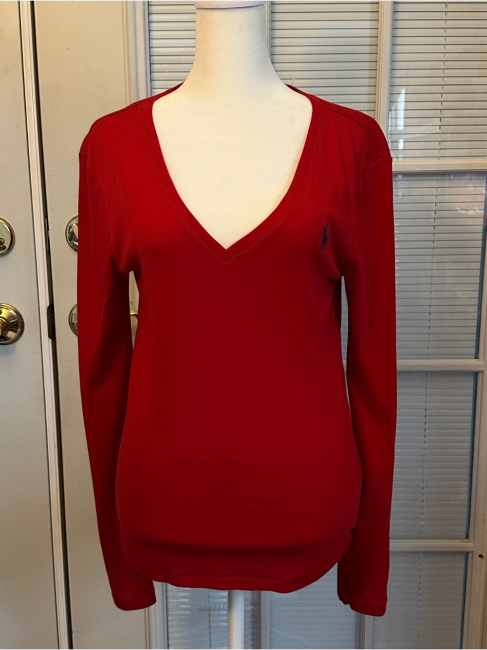 Polo Ralph Lauren Red V-Neck Long Sleeve Top Women’s Medium 100% Cotton Logo